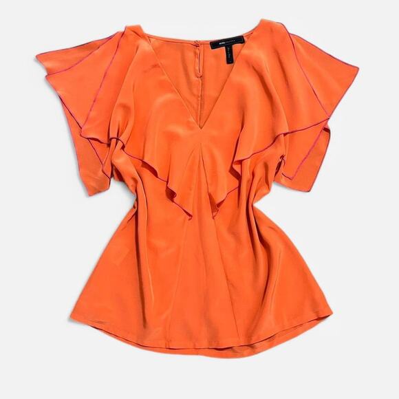 BCBGMAXAZRIA Bright Orange & Pink Trimmed Retro Flutter Sleeve V Neck Top S - Picture 1 of 7